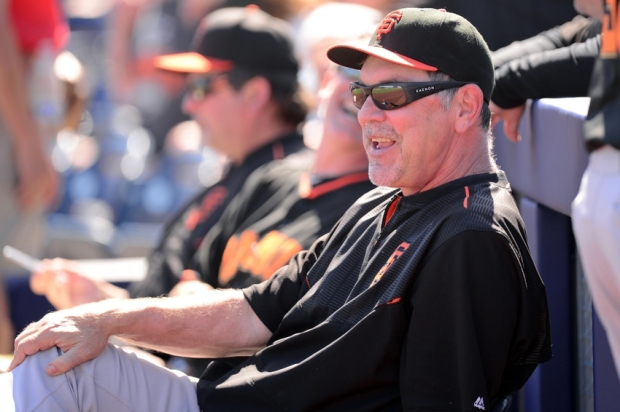 Mar 10, 2015; Peoria, AZ, USA; San Francisco Giants manager Bruce Bochy (15) looks on against the San Diego Padres at Peoria Sports Complex. Mandatory Credit: Joe Camporeale-USA TODAY Sports